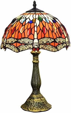 Светилка за трпеза во стилот на Тифани, обоена стаклена ламба со црвена ламбаж, гроздобер биро за читање светло со метална база за спална соба