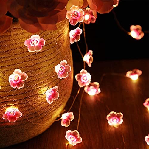 Цветни цвеќиња цветни жици за девојчиња, розови самовила светла 13 стапки 40 LED диоди USB и батерија управувани со декоративни жици на жици на отворено