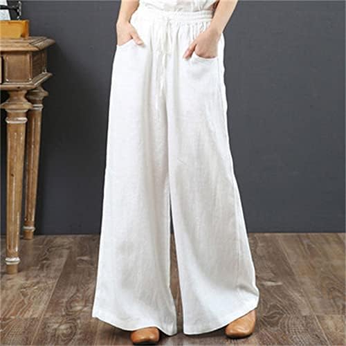 Uerенски женски обични памучни постелнини пантацо панталони летни високи половини широки нозе долги панталони панталони панталони со џебови