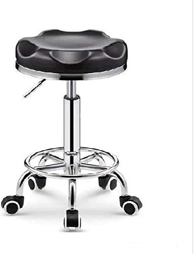 Килими се вртат столче со тркала ， хидрауличен салон столче со црно синтетичко кожено седиште ， прилагодлива висина 45-58 см ， поддржана тежина 160 кг ， седло салон С