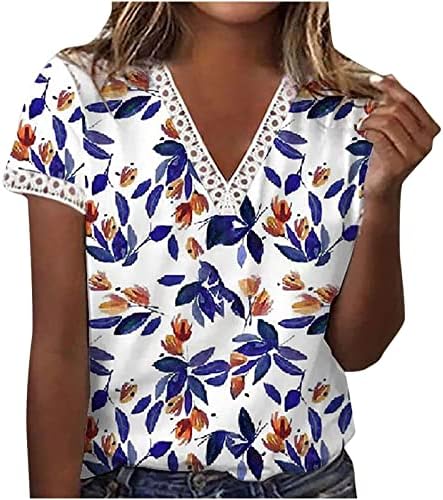 Нокмопо слатки кошули за жени дами против вратот обичен долг ракав лежерна удобна лабава чипка маица за печатење врв на врвот