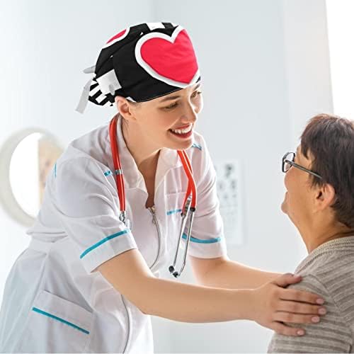 Медицинска сестра капачиња со долга коса, икони со црно срце прилагодливо работно капаче со копчиња и лакови за коса