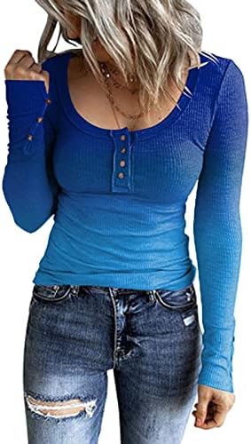 Aniywn дами копче за раздвојување тенок фит маица со долга ракав, цврста боја жени основни врвови на пулвер, врвови за врвови