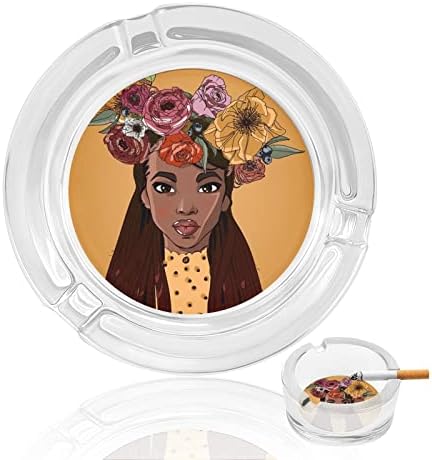 Прекрасна африканска жена со цвеќиња стакло од пепелници за цигари и цигари, држач за табела за табела за декорација на маса