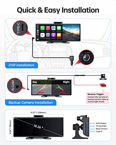 Westods Преносни 10.26 Безжичен Carplay Екран &засилувач; Android Автоматски Со Прилагодливи &засилувач; Монтирање Монтирање, 2.5 K Цртичка