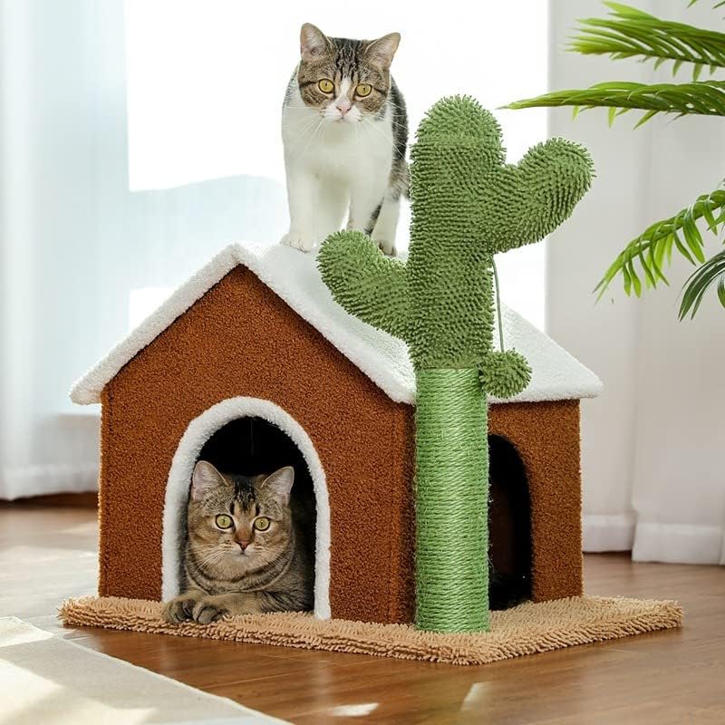 Куќа за мачки Плус Столб За Гребење Дрвја, Природни Столпчиња За Гребење На Кактуси Од Јаже Сисал Со Интерактивна Топка За Играчки, Внатрешен