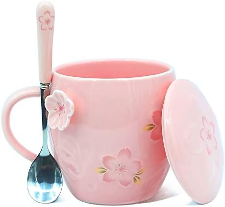 Чаша за чај Каваи со капак и лажица, цреша цветања кафе, симпатична керамичка чаша, најдобри подароци за жени, неа, сестра, ќерка, пријатели,