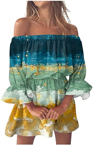 Лмдудан 2023 Летни Фустани Надвор Од Рамо Цветен Принт Издувам Краток Фустан Со Долг Ракав Лабава Удобна Забава Фустан Од Сонце На Плажа