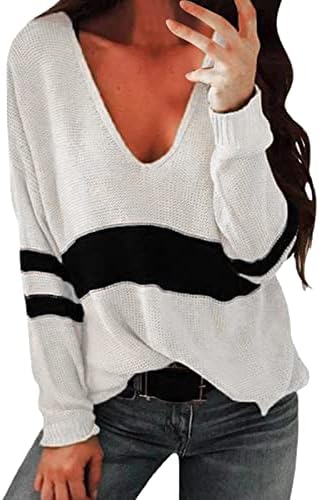 Womenените против вратот со долги ракави пулвер врвен моден лента обичен плетен џемпер шема пуловер џемпер