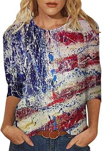 3/4 кошули со ракави за ракави за жени за независност Ден на Денот на печатење графички о вратот на вратот, обична кошула за блузи, трендовски