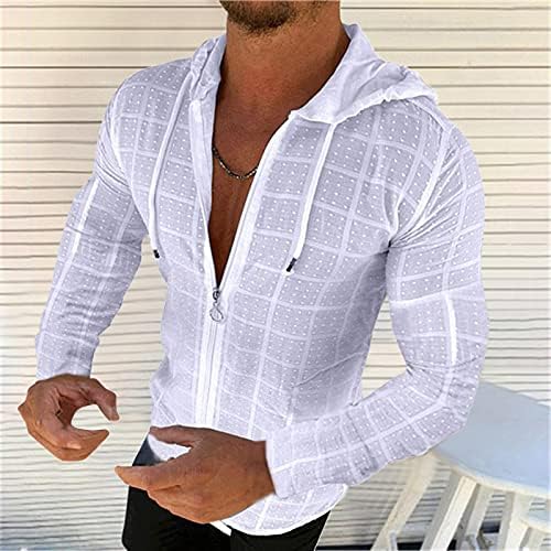 Xxbr zipper кошули со качулка за мажи, пад на влечење, тенок вклопат обични врвови на врвови, проверени точки, лесен поштенски кардиган
