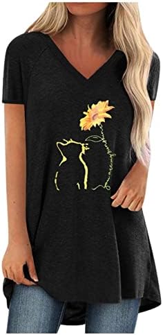 2023 Краток ракав Длабок V врат памук обичен каваи врвна маица за дами Сонце мачка сончоглед цветна графичка топ 2 ч