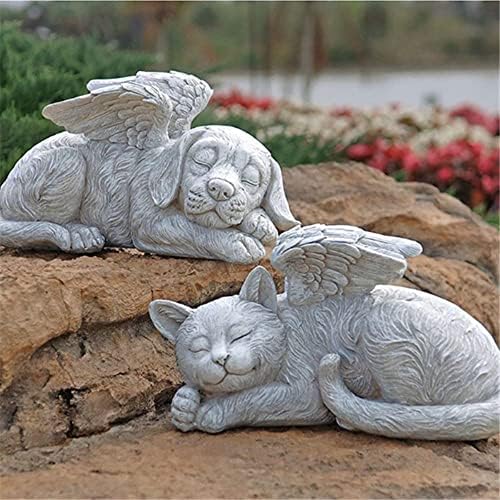 Ангелска мачка статуа, статуа на ангели кучиња, фигура за мачки, градинарски дизајн декорација смола занаети обични мачки куче сонцето, ангелска мачка кучиња декор