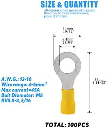 Гларкс 100 парчиња 12-10 Мерач М8 Прстен Електрична Изолација Брзо Спојување Стегање Терминали Конектори