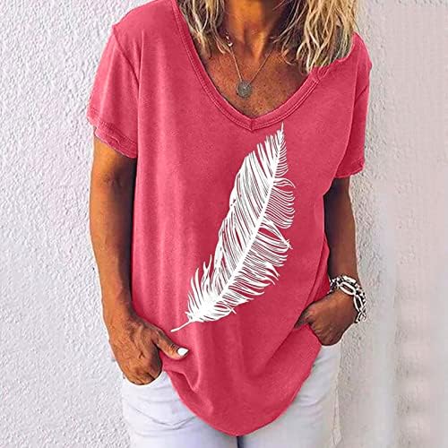 Женски врвови случајно лабаво вклопување - модни летни врвови за жени 2022 V вратот кратки ракави печати обична маица блуза