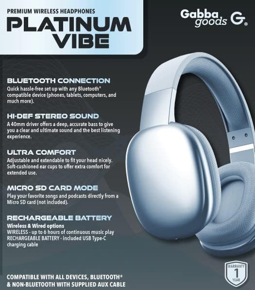 Gabba Goods безжичен над слушалките за уво Bluetooth со микрофон - склопување на слушалките - Намалување на низа - Bluetooth, жичен,