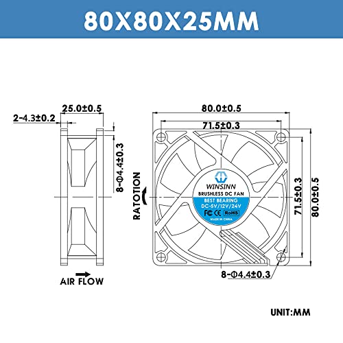 ВИНСИН ДЦ 80мм Вентилатор 24В 8025 Ракав Лежиште Без Четки ладење 80ммх25мм 2ПИН