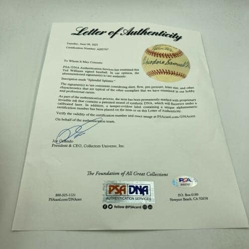 Тед Вилијамс „Прекрасен сплитер“ Целосно име потпишано Бејзбол ПСА ДНК Коа - Автограмски бејзбол