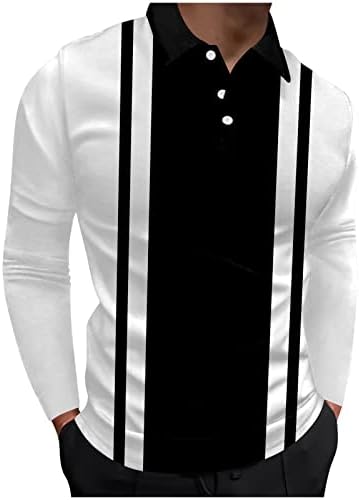 PDFBR машки поло маици, пролетен долг ракав шарена крпеница копче вратот голф врвови мускули тенок фит спортска маица