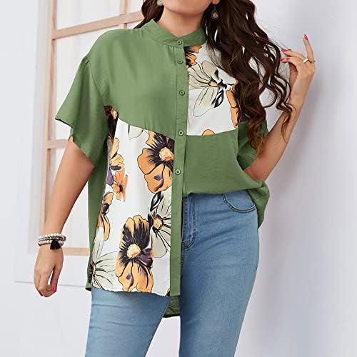Womensенски плус големина врвови, летни удобни памучни и ленени копче надолу кошули, цветни графички крпеници со кратки ракави блузи