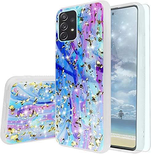 TJS Компатибилен Со Samsung Galaxy A32 5G Случај, со [Калено Стакло Заштитник На Екранот] Сјајна Снегулка Сјај Назад Кожата Целото