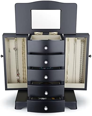 РР тркалезна богата дизајнерска кутија за накит - изработена од цврсто дрво со организатор на фиоки за кула 4 и 2 одделени отворени