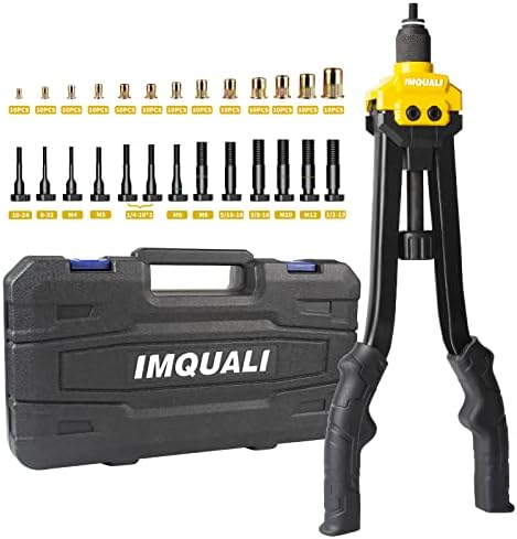 Алатка за ореви на Imquali Rivet, 17 алатка за навртки за навртки со 13 метрички и SAE Mandrels M4 M5 M6 M8 M10 M12, 8-32, 10-24, 1/4-20 * 2, 5/16-18, 3/8- 16, 1/2-13, 130 парчиња ореви, издржлив случај со облик на