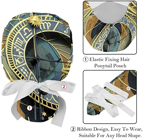 Медицински капи на Лорвис за жени со копчиња долга коса, 2 парчиња прилагодливо работно капаче, астрономски часовник Прага разнобојно