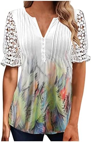 Xiaxogool плус големина на женски блузи копче надолу по цветни кошули поделени маици од чипка на вратот графички туника 2023