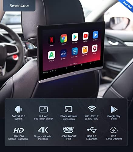 Седумкур 12.4 Android 4K автомобил ТВ -таблета за монитор за задно седиште, Поддршка Телефон безжичен конекција на огледало на допир, со WiFi/Bluetooth/HDMI/USB/AV IN/SD/AirPlay Видео плеер