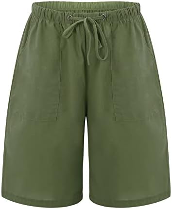 Женски еластични шорцеви Бермуда со џебови шорцеви ленени половини обични памучни постелнини панталони за жени