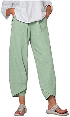 Женски обични летни капри панталони памучни постелнини Еластични панталони за половината печати релекси