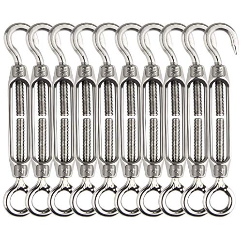 Turnbuckle Lsqurel 10pcs 304 не'рѓосувачки челик кука и тешка должност за очи M4 M6 M8 M10 Затегнувач Прилагодлив хардвер за сенка едриличар за затегнување на метална кабелска жица 5