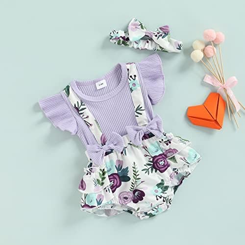 Облека за новороденчиња за девојчиња постави кратки ракави со ребрести каросериски цвеќиња од цветни шорцеви облеки за девојчиња за девојчиња