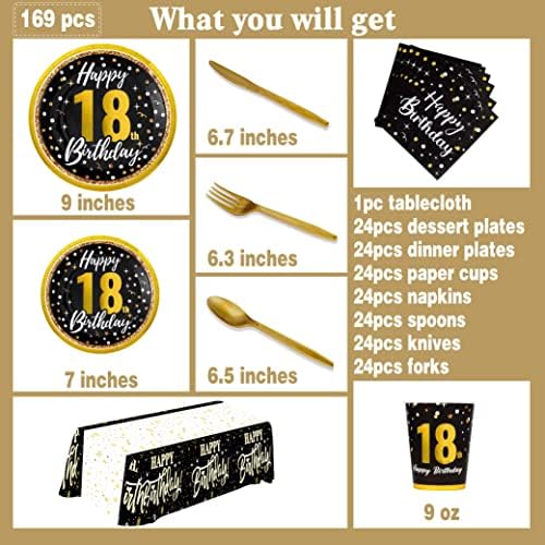 18-ти роденденски украси за момчиња девојчиња - црно златни роденденски материјали Чинии И Салфетки, Чаши, Ножеви, Вилушки, Вклучени