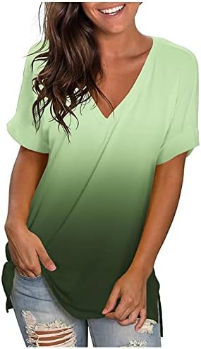 Врвови за вар зелени бранч за дами есен лето кратки ракави длабоки v вратот градиент графички врвови маици тинејџерки 2023 x1 една големина