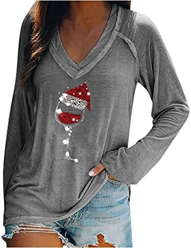 Женски долги ракави маица празнични обични кошули Божиќно црвено вино стакло печати V-врат пуловер Туника блуза врвови