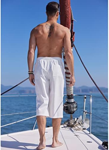 Coofandy машки постелнина капри панталони обични лесни лесни 3/4 баги панталони за влечење на еластична половината плажа јога панталони
