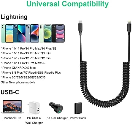 Arkidyn Coiled USB-C на молња кабел, MFI овластен повлечен USB C iPhone полнач за полнач за полнење кабел за полнење компатибилен со iPhone 14 13 12 11 Pro Max XR XS X 8 7 6 Plus 5 SE