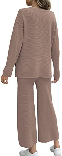 Сензерски жени 2 парчиња облеки џемпер постави копчиња со долг ракав плетен пуловер џемпер врвот широки панталони за нозе дневни