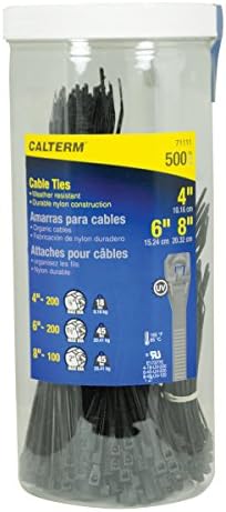 Calterm 71111 Асортирани кабелски врски, 4, 6 и 8 инчи, 18 и 45 lb, управување со електрична жица и кабел, најлонска поштенска вратоврска, 500 PK, UV отпорен на црна боја