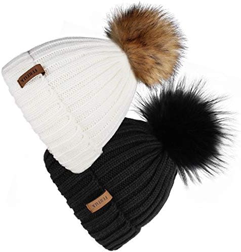 Furtalk inmens intern kyted beanie капа со faux fur pom 2 пакувања топло плетено череп капаче за жени