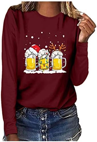 Christmasенски Божиќни врвови со долги ракави графички печатени печатени маици празнични обични лабави пулвер џемпер, маичка со маички