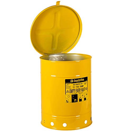 Justrite 09311 Галванизиран челик со мрсна безбедност на отпадот со рачно управувано покритие, 10 галон капацитет, жолта