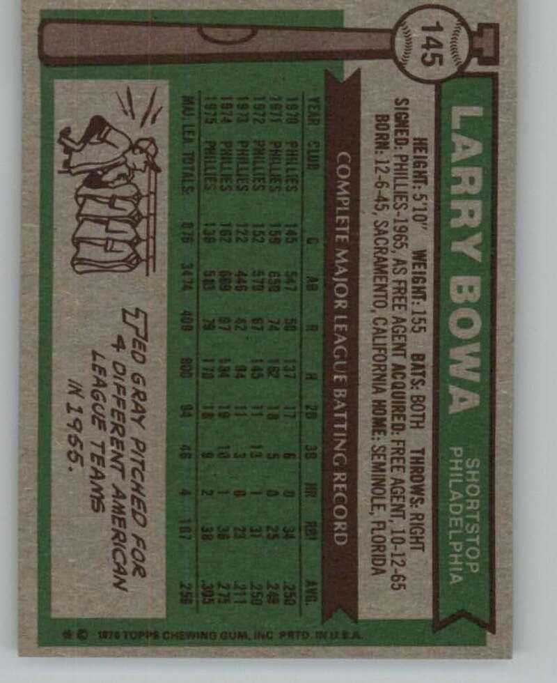 1976 Топпс 145 Лери Бова Филаделфија Филис МЛБ картичка за тргување со бејзбол