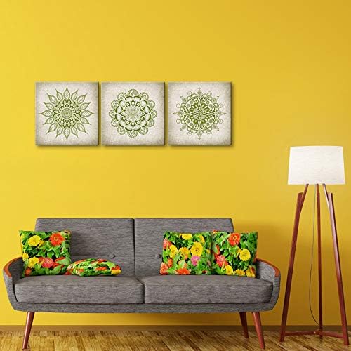 Klvos mandala wallидна уметност за дневна соба 3 парче лимон зелена бохо цвеќиња образец платно отпечатоци уметнички дела гроздобер цветни