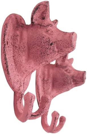 Волшебна рустикална свиња од леано железо, куки за wallидови, животински декор, декорација на рустикална куќа, сет од 2, 5,5 инчи