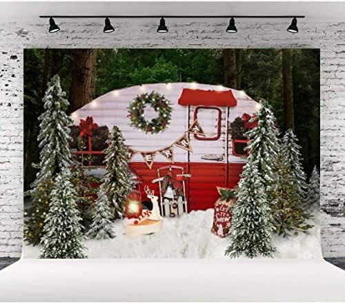 Божиќна кампер фотографија позадина Зимски снежни борови дрвја мини автобус позадина Среќен Божиќ Дедо Мраз за слики бебе туш роденден
