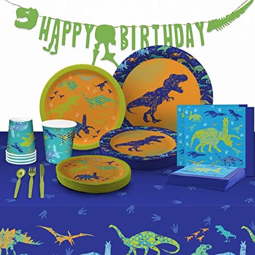 Мојата роденденска забава на Greca Dinosaur обезбедува пакет - - сет за украси на Trex - плочи, чаши, врвови за кекс и обвивки, среќен роденденски