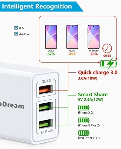 2 Пакет USB Брзо полнење 3.0 Wallиден полнач 30W, Deep Dream Multiport USB Adapter Wall Charger Adapter, брз полнач блок компатибилен со iPhone 12/11/Pro/XS Max/XR/8/8+/Galaxy S10/S9/S8/Plus/ Белешка 9/8